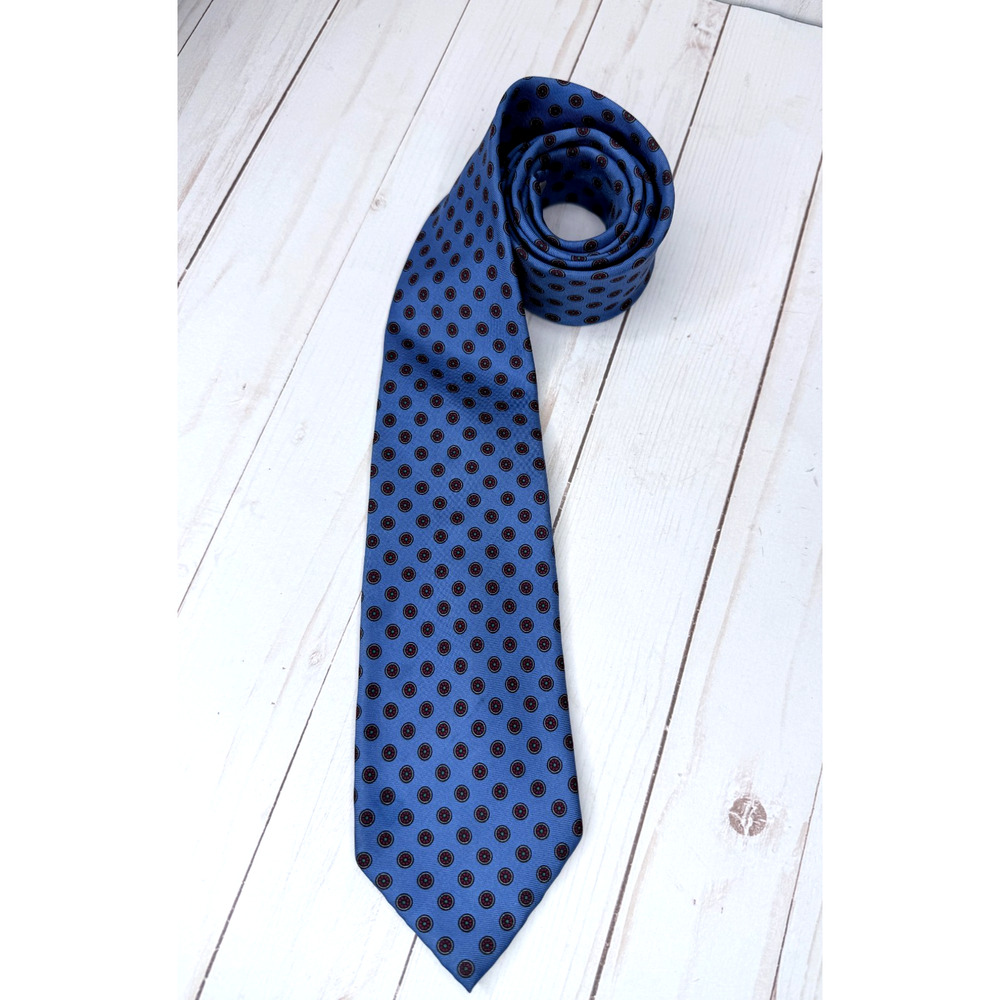 Vintage Parisian Blue & Red Small Rosette Print Silk Tie
